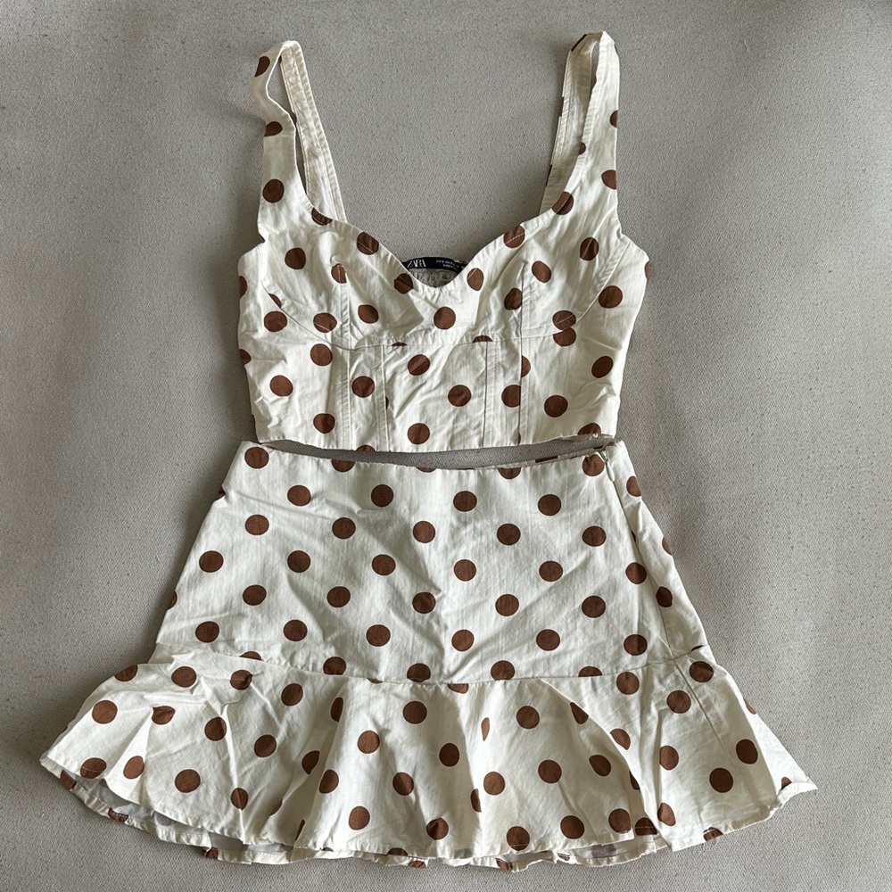 Zara Cream and Brown Polka Dot Skirt Set